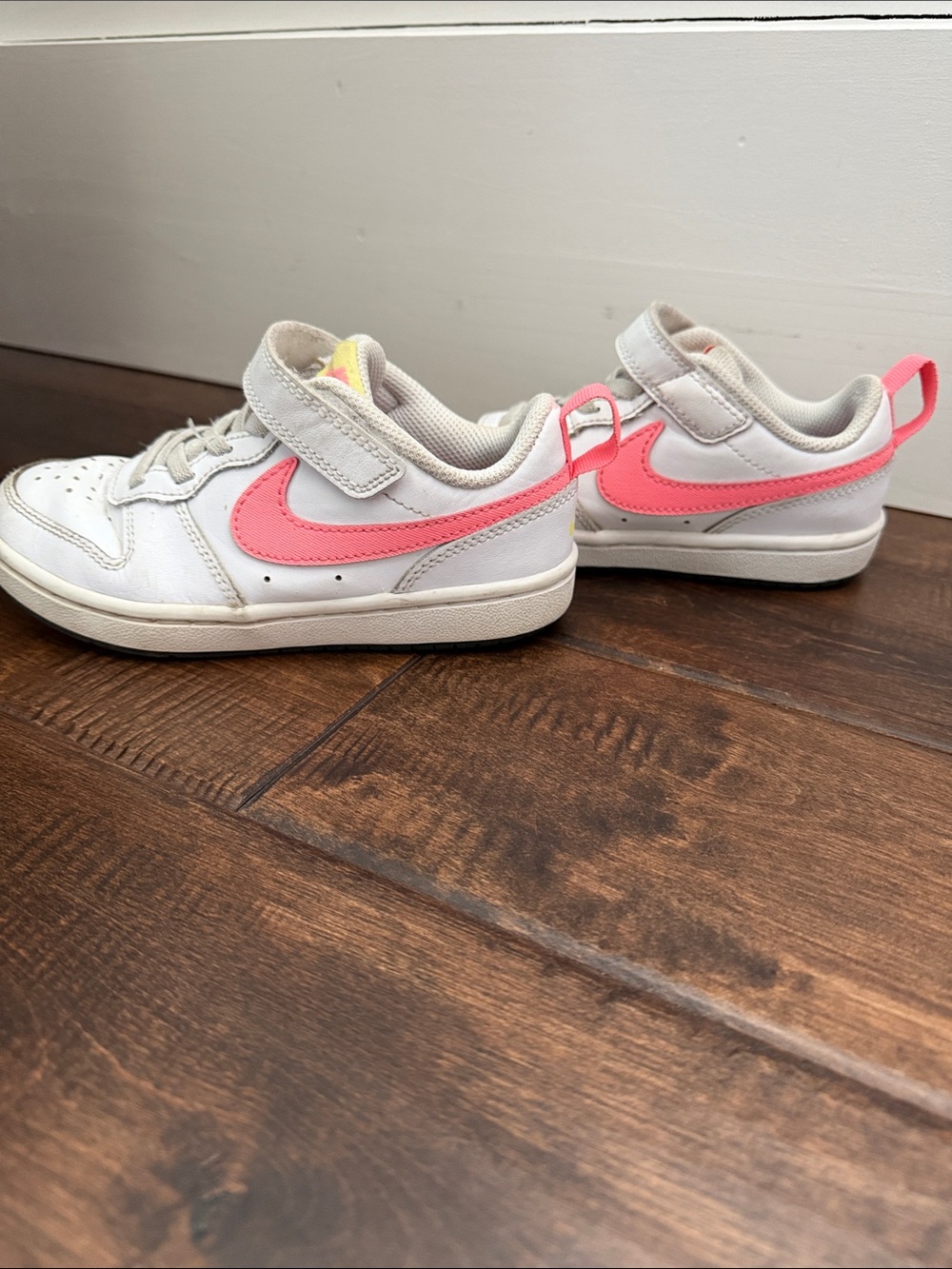 Nike Kids White Sneakers with Pink Swoosh and Velcro Strap